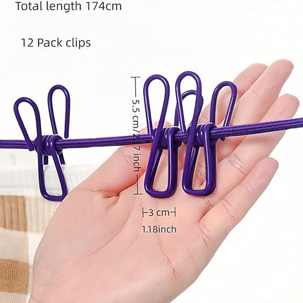 Portable Clothes line 12ft with 12 Clips – Heavy Duty, Stainless Steel Hooks