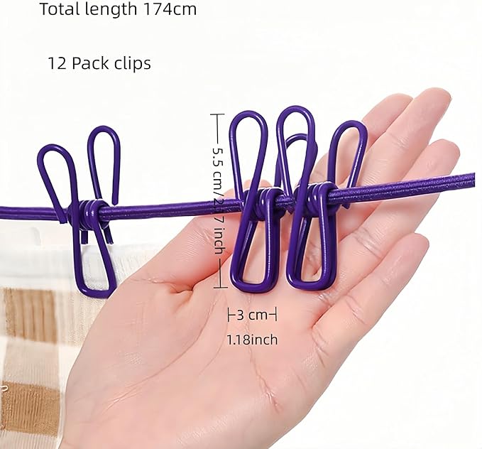 Portable Clothes line 12ft with 12 Clips – Heavy Duty, Stainless Steel Hooks