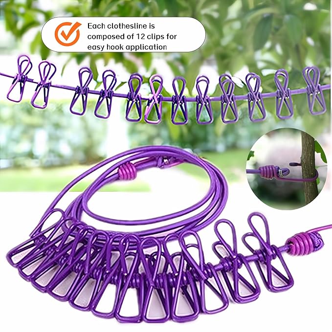Portable Clothes line 12ft with 12 Clips – Heavy Duty, Stainless Steel Hooks