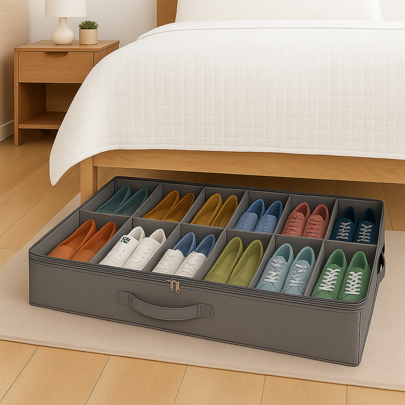 12-Compartment Underbed Shoe Organizer with Clear Lid & Handles – Space-Saving Storage Box for Shoes, Heels & Sneakers