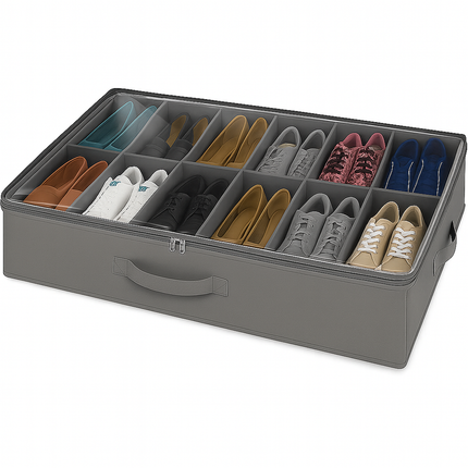 12-Compartment Underbed Shoe Organizer – Clear Lid & Handles