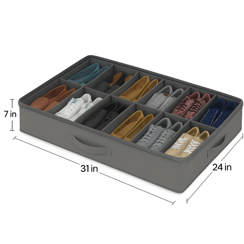 12-Compartment Underbed Shoe Organizer with Clear Lid & Handles – Space-Saving Storage Box for Shoes, Heels & Sneakers