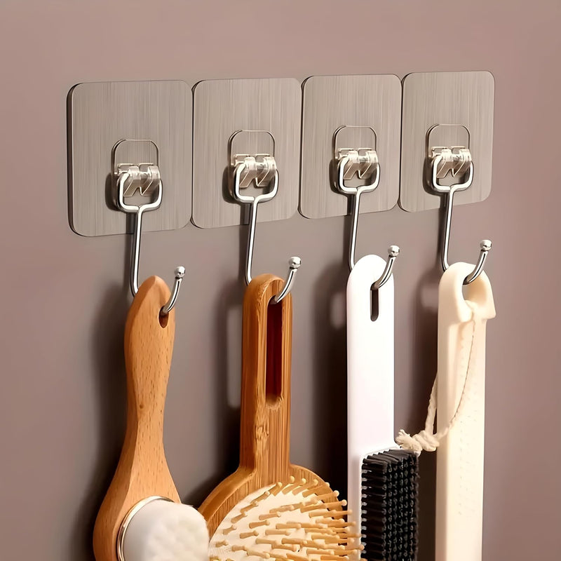 Premium Adhesive Hooks – Brushed Stainless Steel Wall Hangers, No Tools Needed (4PCS)